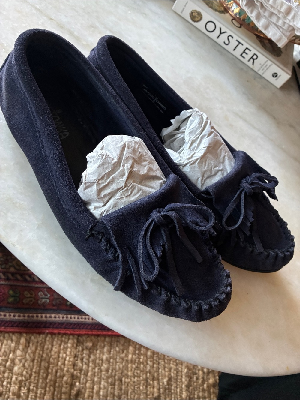 Minnetonka Navy Suede Tassel Kilty Moccasins